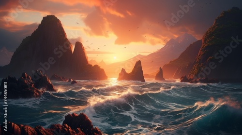 Stunning sunset seascape, waves on sandy beach, realistic distant view of ocean under colorful sky © AminaDesign