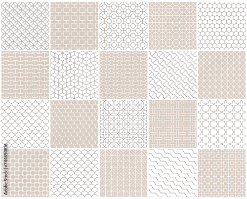 Collection of seamless ornamental vector patterns. Beige oriental delicate backgrounds. Geometric tile mosaic design. Grid texture - decorative outline prints