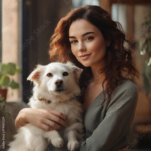 "A heartwarming moment frozen in time, as a lady and her furry companion share an embrace, bathed in the golden glow of a setting sun."