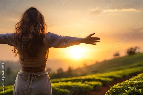 Happy free woman enjoying the calm nature moment of tea estate at sunset with opening arms. Inner balance, happiness, Freedom destination, travel, health, positivity enjoy the life concept.