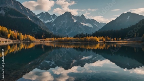 A serene mountain lake reflecting the surrounding peaks.