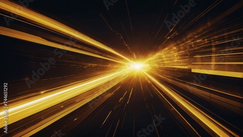 Vector Abstract, science, futuristic, energy technology concept. Digital image of light rays, stripes lines with yellow light, speed and motion blur over dark yellow background. 