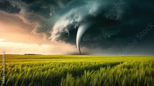A huge tornado over an agricultural field. Disaster and threat of crop loss. Global climate change. A glimpse into the destructive forces of nature on crops. © Stavros