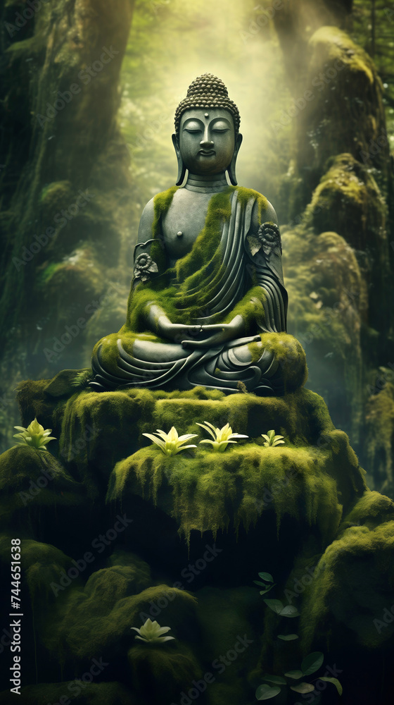 Guardian of Nature, statue of Buddha covered in green moss meditating in the wood - Mystical myth and legend, spirit of the forest