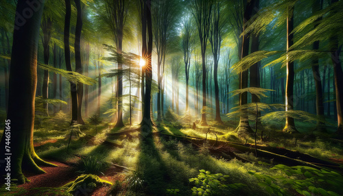 Sunbeams pour through the verdant canopy of a lush forest, illuminating the forest floor and creating a serene and mystical morning atmosphere.Forest beauty concept.AI generated. © Czintos Ödön