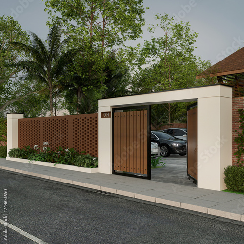3D rendering of a tropical house exterior, home garden Exterior design of spacious modern architecture with garage and natural scenery background