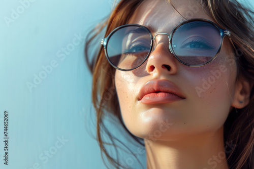 jeune femme en gros plan portant des lunettes de soleil rondes fumée