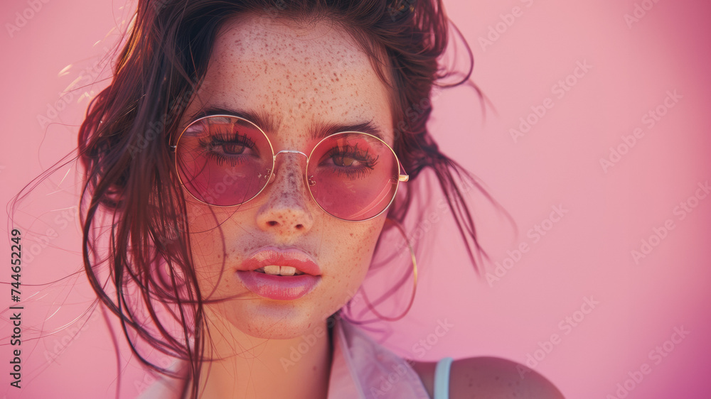 jeune femme en gros plan portant des lunettes de soleil sur fond rose jeune femme en gros plan portant des lunettes de soleil sur fond rose