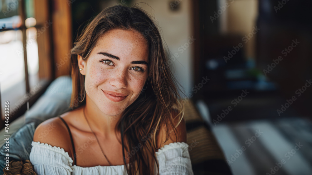 très belle jeune femme décontractée et affichant un large sourire chez elle dans son appartement très belle jeune femme décontractée et affichant un large sourire chez elle dans son appartement