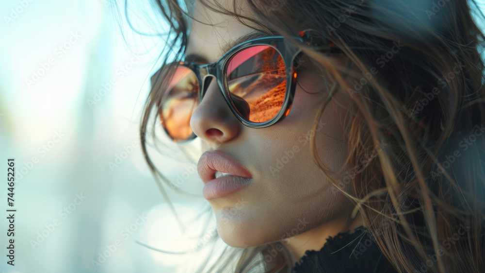 jeune femme de profil en gros plan portant des lunettes de soleil - obrazy, fototapety, plakaty 