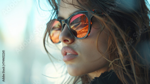 jeune femme de profil en gros plan portant des lunettes de soleil