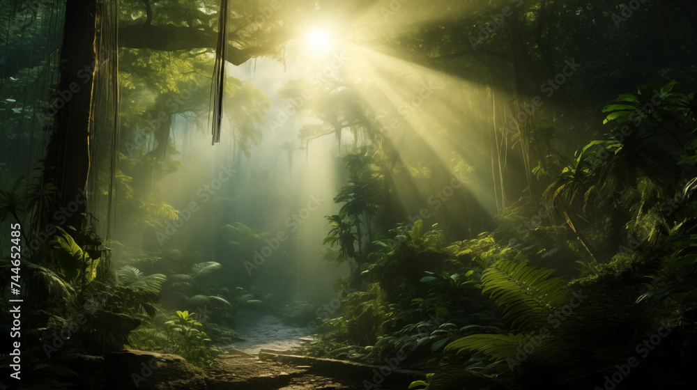 Fototapeta premium Forest jungle landscape with sun rays