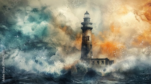 Lighthouse in the storm, watercolor beacon, safe harbor --ar 16:9 --v 6