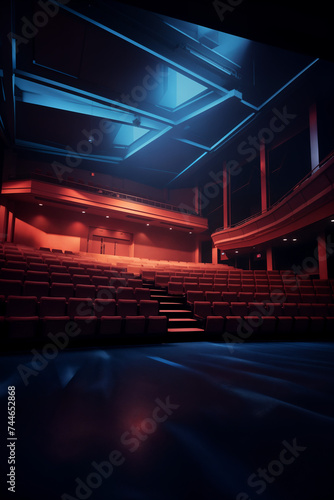 Experience the allure of a modern theater with this captivating image, showcasing an array of red seats facing a vibrant, red stage under the mesmerizing blue ceiling lights. Perfect for conveying the
