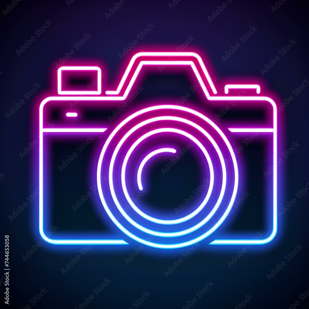 neon style icon of a camera, icon for movie and film neon style icon of a camera, icon for movie and film