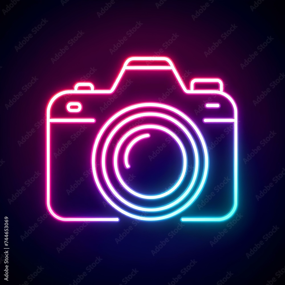 neon style icon of a camera, icon for movie and film neon style icon of a camera, icon for movie and film