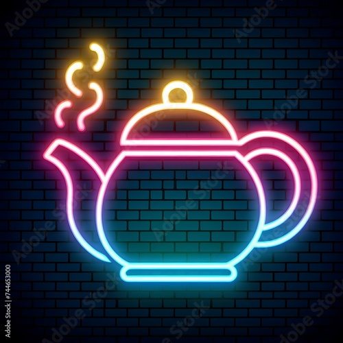 neonstyle icon of a teapot with steam rising from it, Restaurant food neon line icon, icon for kitchen