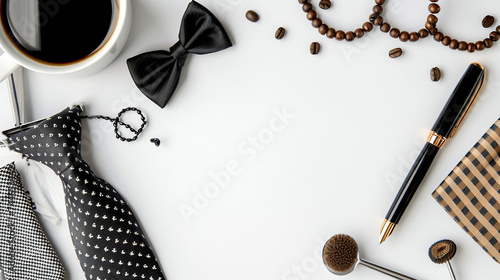 Father's Day poster or banner template with black necktie and coffee cup on white background.Happy Father's Day Design Collection , Greetings and presents for Father's Day in flat lay styling
