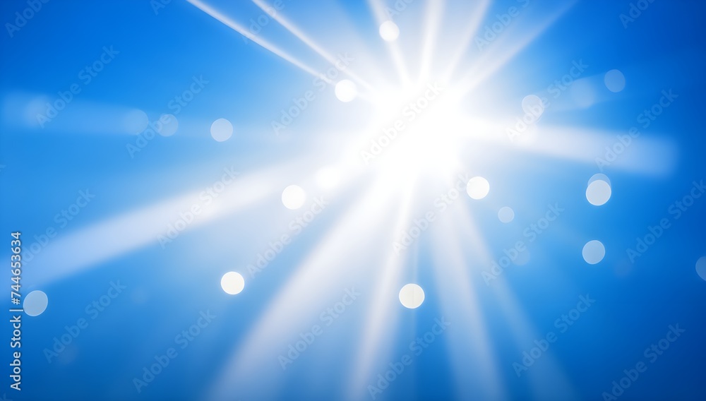 Fototapeta premium Abstract sunlight rays on blue background with bokeh lights
