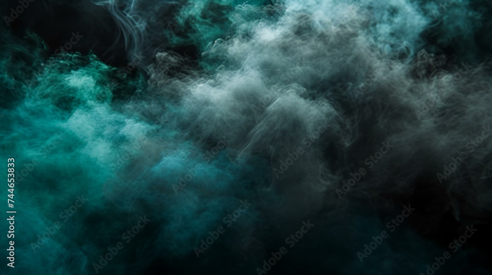 Blue and green steam on a black isolated background. Background from the smoke of vape