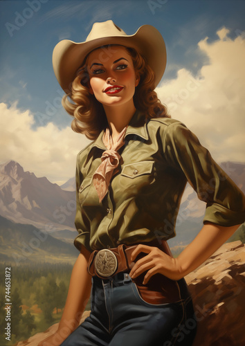 blond cowgirl wearing khaki green western shirt with desert mountain range vista vintage americana painting