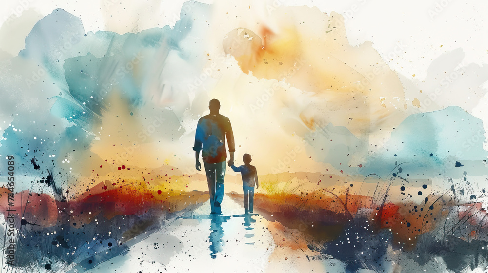 Happy Fathers Day flyer, banner or poster, silhouette of a father holding his child hand. , kid and father walking on road, Promotion and shopping template for love dad concept