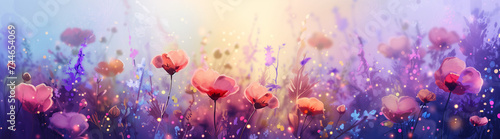 A dreamy meadow blooms with vivid poppies and wildflowers in a whimsical dance of dawn © allportall