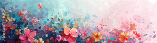 A whimsical burst of floral splendor unfolds in soft pastels across a painterly sky #744654094