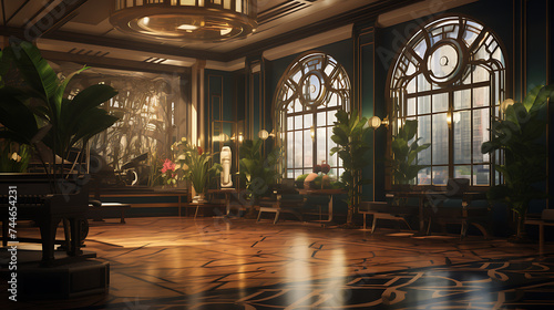 A gym interior inspired by the 1920s jazz age, with art deco decor and jazz music playing in the background.