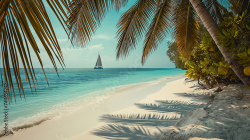 Palm shadows dance on white sands as a sailboat glides across the tranquil turquoise waters