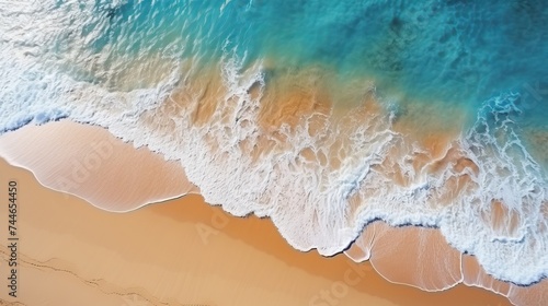 Tranquil close up of gentle ocean waves washing ashore on sandy beach, creating a serene atmosphere photo