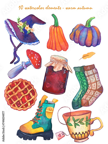 Hand drawn autumn set of 10 watercolor elements. Autumn watercolor set.