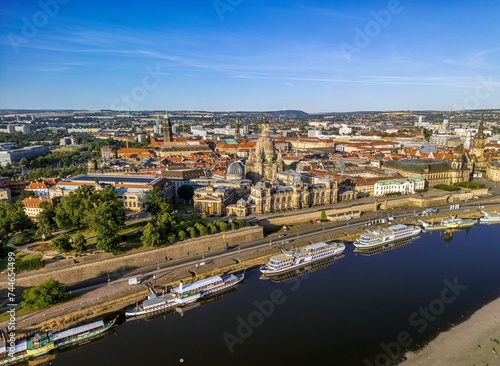 The drone aerial view of River Elbe and old town of Dresden, Germany.