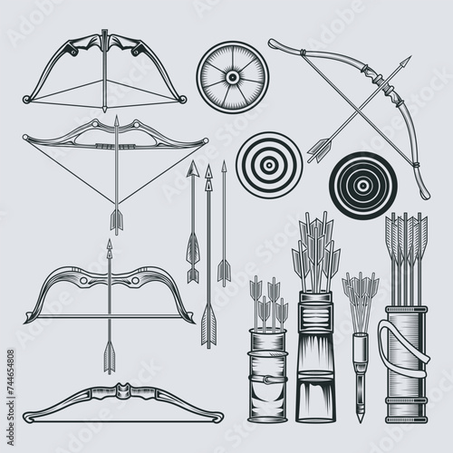 Vector Archery Elements Set Arrows, Bows, Target sign graphics