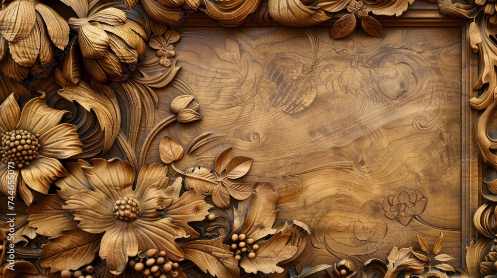 Wood Background with Frame and Elements in the Style of Wood Carvings - Naturalistic Softbox Lighting Canvas - Wood Lightbox Background created with Generative AI Technology