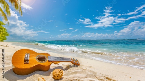 A wooden ukulele lies on wh...