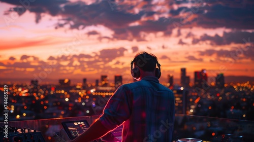A DJ is silhouetted against a vibrant sunset skyline, mixing tracks on a rooftop as the city lights begin to twinkle below.