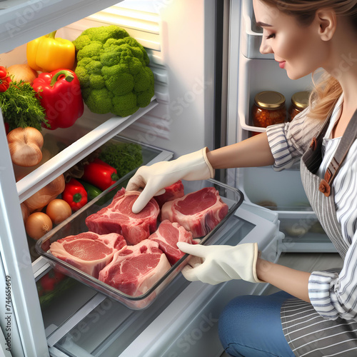 Woman putting raw meat in refrigerator, closeup