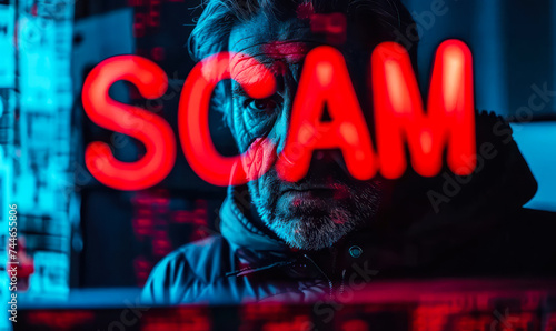 Stampa su tela Cybersecurity threat concept with the word SCAM in bold red letters on a compute