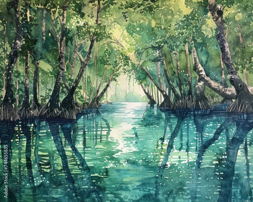 Mangrove forest, watercolor reflections, tranquil waters --ar 5:4 --v 6