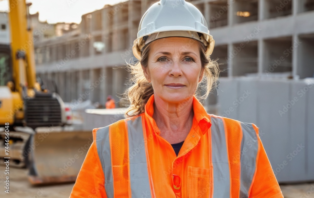 Mature woman in a safety helmet and work clothes Mature woman in a safety helmet and work clothes