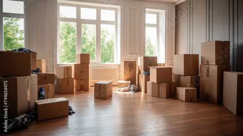 A lot of Cardboard boxes in a new bright house near large windows on the day of the move. The Concept Of housewarming, Freight Transportation, Purchase Of Real Estate. photo