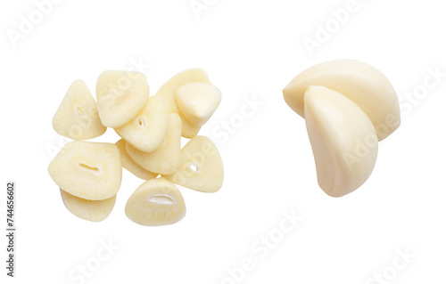Top view set of peeled garlic cloves and slices isolated with clipping path in png file format