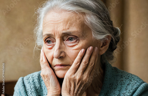 Elderly lady with grey hair tied back, looking out window, appears sad, thoughtful, possibly reminiscing about past times