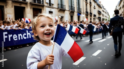 A kid Raising the french flag in public
