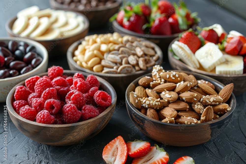 Accompanied by bowls of fresh almonds and strawberries, the delicious breakfast setup features waffles topped with nuts and berries. Accompanied by bowls of fresh almonds and strawberries, the delicious breakfast setup features waffles topped with nuts and berries.