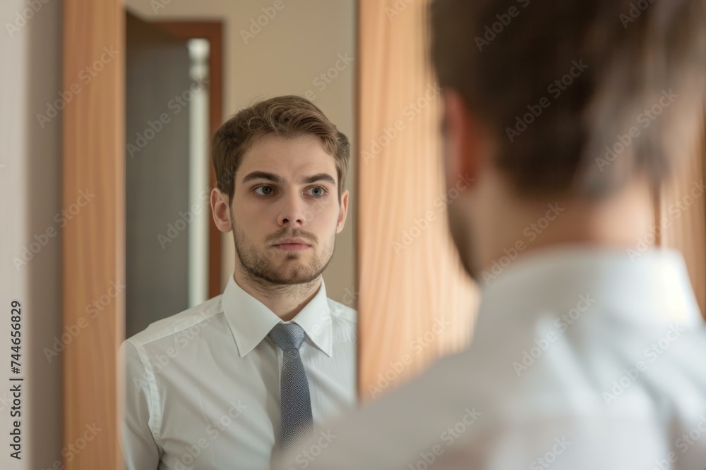 Young Professional Man Checking Appearance in Mirror, Confidence Concept Young Professional Man Checking Appearance in Mirror, Confidence Concept