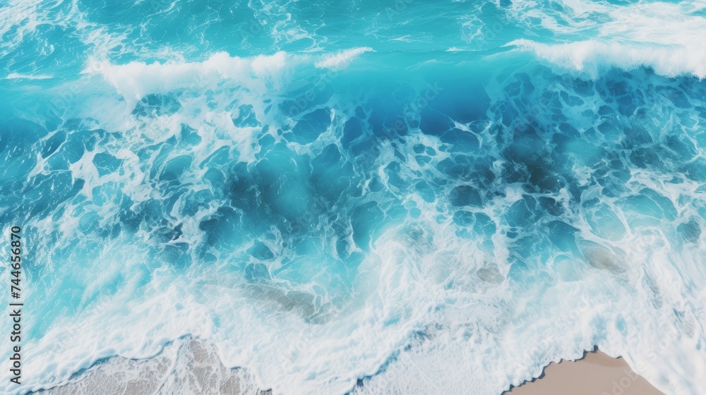 Aerial view of high resolution sea waves splashing on the beach shore, a captivating scene