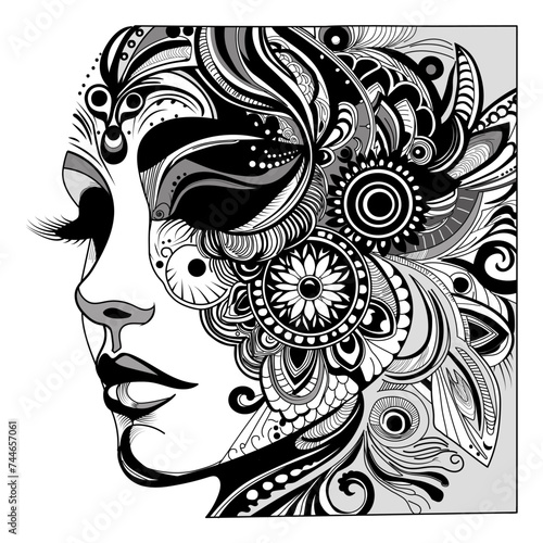 Vector illustration of mandala woman's face on white separate background
