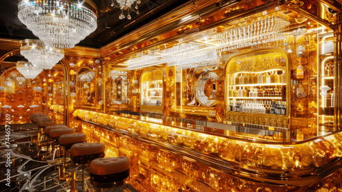 Bar counter of expensive creative pub made of gold and amber